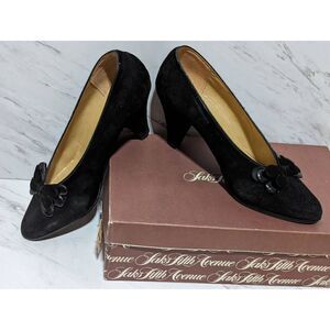 Saks Fifth Ave Women's Black Suede 3" Heel Leather And Suede Floral Toe Size 7.5